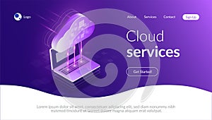 Cloud computing 3d isometric concept. The process of data exchange between the cloud and laptop. Modern web service