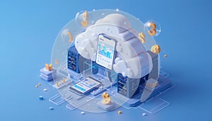 Cloud Computing with Data Analysis on Phone Isometric Illustration Concept