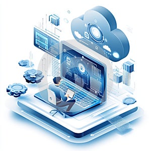 Cloud Computing Data Analysis Programmer Working on Laptop isolated on white background