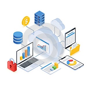 Cloud computing and data analysis tools isolated on white background