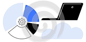 Cloud Computing and Data Analytics Concept with Laptop, Gear Pie Chart, and Cloud