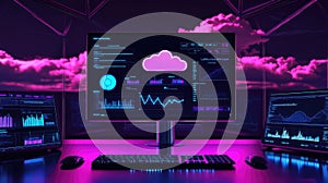 Cloud computing data analytics dashboard with neon glowing interface