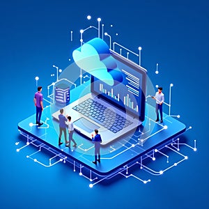 Cloud Computing Data Analytics on Laptop with Business Team and Digital Technology Interface