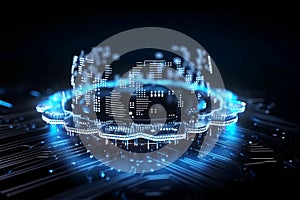 Cloud computing Data Base Technology concept with glowing holographic structures. Generative AI illustration