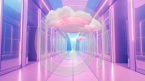 Cloud computing data center hallway with floating clouds