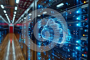 Cloud Computing Data Center Network Servers with LED Lights - Technology Concept for Security, Storage, and Online