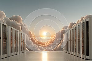 Cloud Computing Data Center at Sunrise - Modern Technology and Digital Storage Concept Generative AI