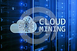 Cloud computing, data or cryptocurrency Bitcoin, Ethereum mining in data center. Server room background
