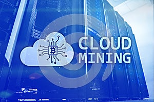 Cloud computing, data or cryptocurrency Bitcoin, Ethereum mining in data center. Server room background