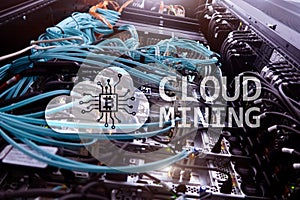 Cloud computing, data or cryptocurrency Bitcoin, Ethereum mining in data center. Server room background