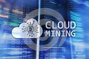 Cloud computing, data or cryptocurrency Bitcoin, Ethereum mining in data center. Server room background
