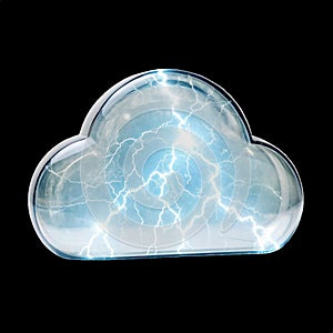 Cloud computing data crystal with lightning on transparent background