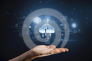 Cloud computing and data exchange concept with digital cloud symbol with arrows on dark technological background above man hand