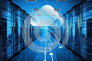 Cloud Computing Data Flow in Futuristic Server Room, Cloud Technology, Big Data Storage