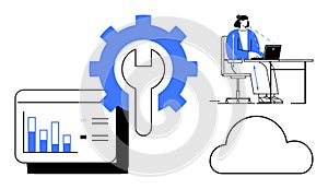 Cloud Computing and Data Management Concept with Analytics, Gear Icon, and Customer Support