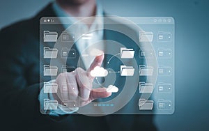 Cloud computing data management concept with businessman touching interface