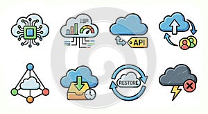 Cloud Computing and Data Management Flat Icons Set