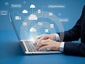 Cloud computing and data management on laptop with businessman working