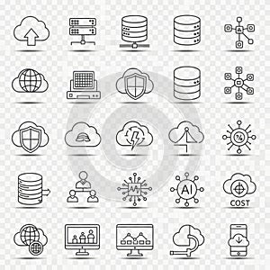 Cloud computing and data management thin line icons collection depicting various digital technology concepts
