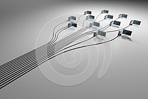 Cloud computing, data network concept on white background with negative space. Digital 3D render.