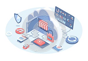 Cloud computing, data processing center, cloud database. Secure connection.