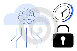 Cloud Computing Security Concept with Brain, Lock, and Time Symbol