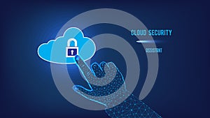 Cloud Computing Data Security Concept. Clicking on cloud computing data storage with padlock. Hand from triangles and points on