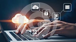 Cloud computing and data security concept with hands typing on a laptop keyboard