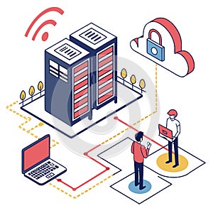 Cloud Computing and Data Security Concept Ã¢â¬' Server, Laptop, Cloud Lock, IT Professionals