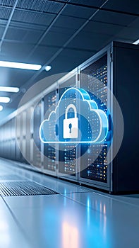 Cloud computing data security concept with server racks and illuminated cloud icon