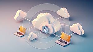 Cloud computing and data security concept showing laptops connected to cloud storage with padlock