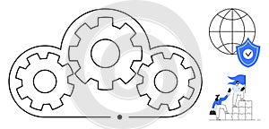 Cloud Computing and Data Security Concept with Gears, Global Network Symbol, and Shield Icon