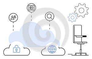 Cloud Computing and Data Security Concept with Digital Icons and Work Environment Elements