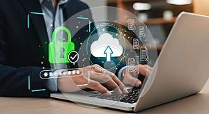 Cloud Computing and Data Security with User Typing on Laptop Illustrating Digital Protection