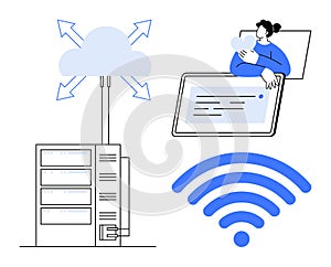 Cloud Computing Concept with Data Servers, Digital Devices, and Wireless Network Connectivity