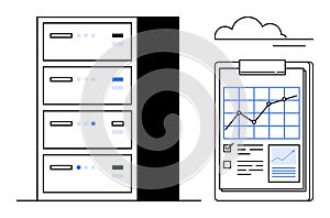 Data Analysis and Cloud Storage Concept with Server Racks and Analytics Dashboard