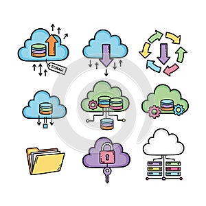 Cloud Computing and Data Storage Cartoon Icons Set