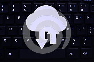 Cloud computing data storage concept.Network computing technologies. Digital server. Icon of cloud with arrow on computer keyboard