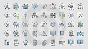 Cloud Computing and Data Storage Icons Set Keywords: cloud, computing, data, storage, server, network, connection