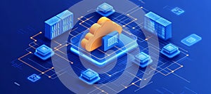 Cloud Computing and Data Storage Network A 3D Isometric Illustration on a Blue Background