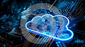 Cloud Computing, Data Storage, and Network Security Concept Glowing Cloud Symbol on a Circuit Board