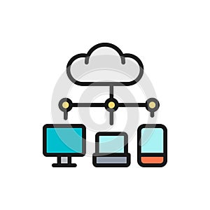 Cloud computing, data storage network technology flat color line icon.