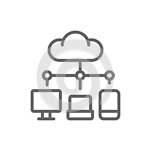 Cloud computing, data storage network technology line icon.