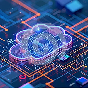 Cloud Computing, Data Storage, and Processing Futuristic 3D Render of a Circuit Board