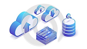 Cloud Computing, Data Storage, and Server Infrastructure Isometric Icons Set