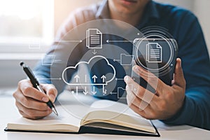 Cloud computing data storage and sharing technology for business with mobile device and notebook concept