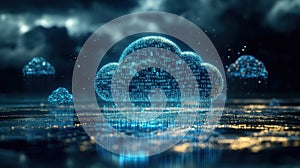 Cloud computing and data storage symbolized by digital cloud with binary code. Big data and machine learning