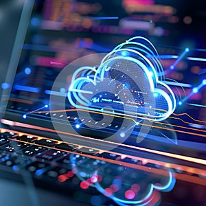 Cloud Computing and Data Storage Technology A Futuristic Concept with Glowing Cloud Icon on Laptop