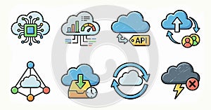 Cloud Computing and Data Technology Cartoon Icons Set