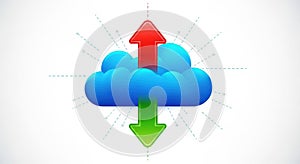 Cloud computing data transfer concept blue cloud with up and down arrows symbolizing upload and download operations